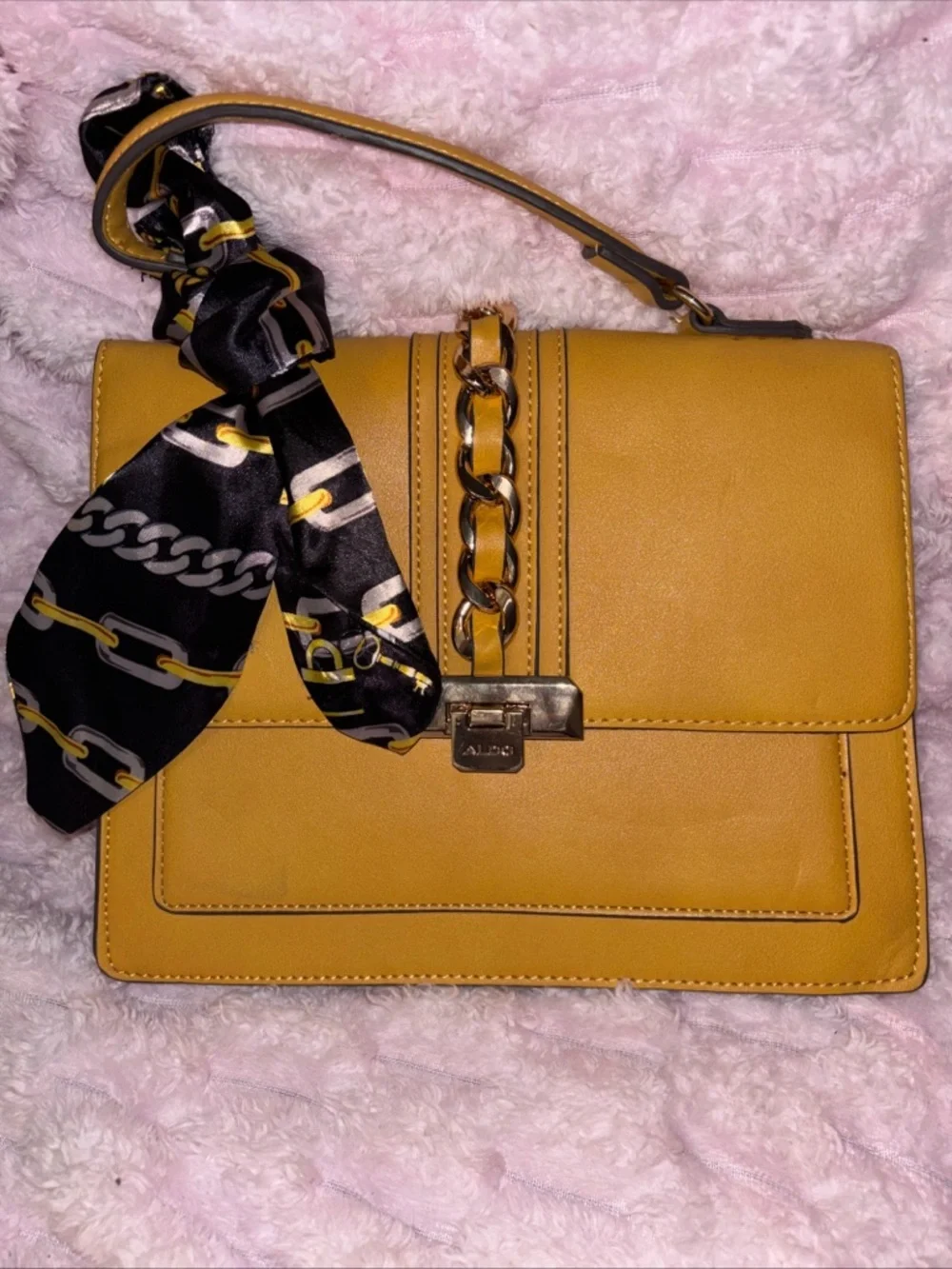 Aldo Mustard Yellow Top-Handle Women’s Bag with Chain Accent